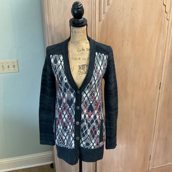 Free People Foxtrot Argyle Wool Blend Cardigan Grandpa Grunge Sweater XS British - Picture 3 of 16